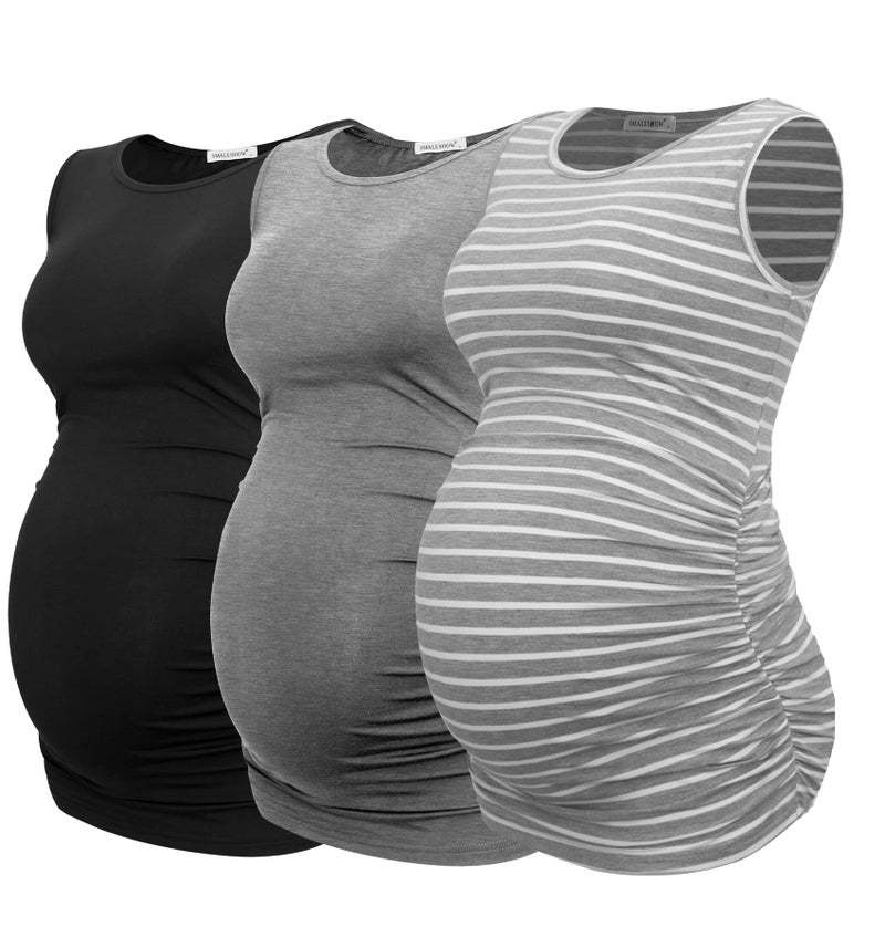 Smallshow Women's Maternity Tank Tops Sleeveless Ruched Pregnancy Clothes Black/Light Grey/Grey Stripe Medium 3-Pack - Image 1